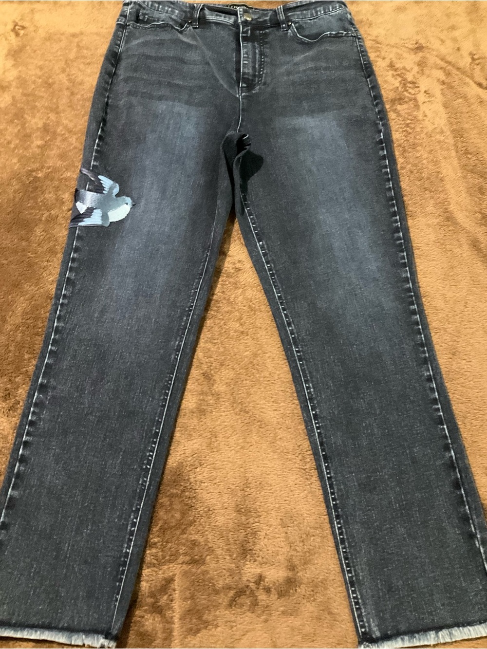 G by Giuliana Dark Gray Straight Leg Bird Embroidered Frayed Hem